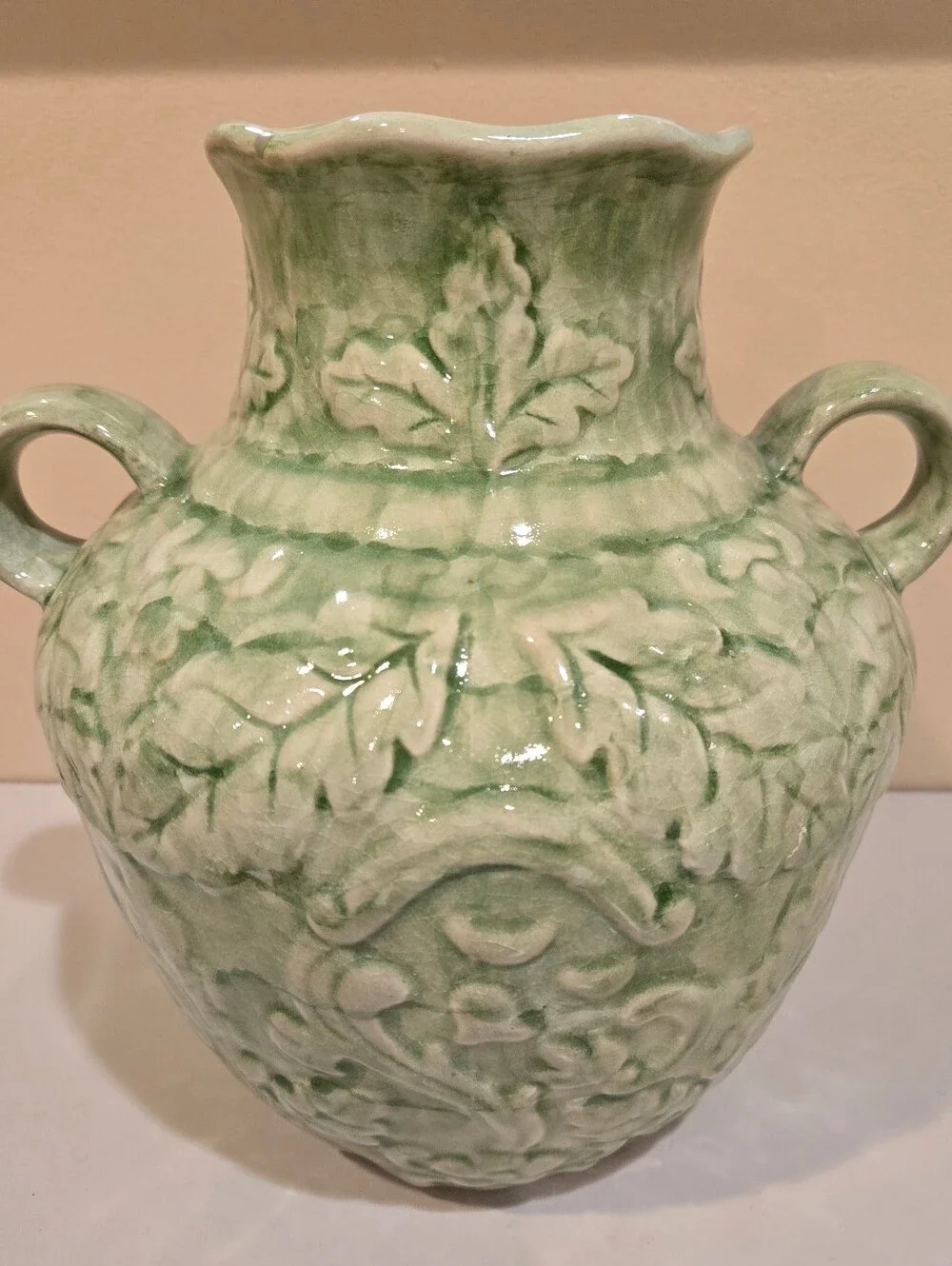 Vintage Celodon Glaze Green Embossed Ceramic Double-Handled Vase
